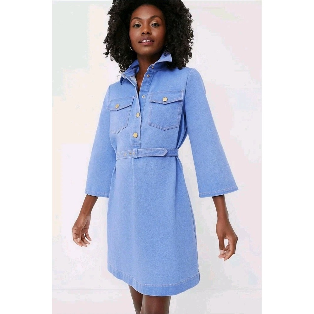Tuckernuck Indigo Denim Lexi Dress Womens XL Blue Gold Snap Stretch Belted EUC